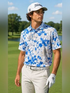 COLDEST x SHANKITGOLF Performance Golf Polo Shirt XL Blue Splatter Print